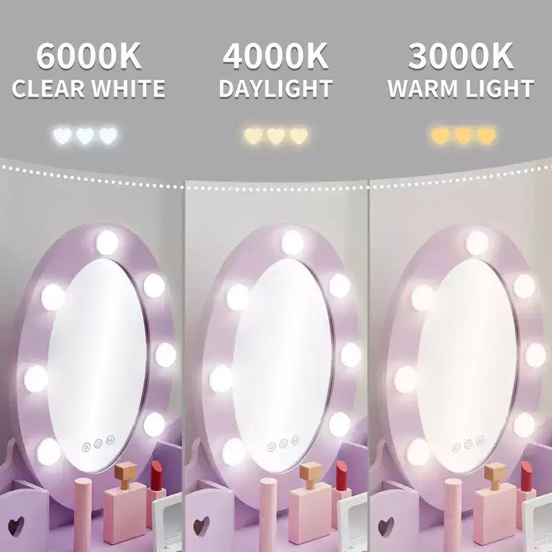Coiffeuse de maquillage pour petites filles avec tabouret, coiffeuse à miroir éclairé pour enfant