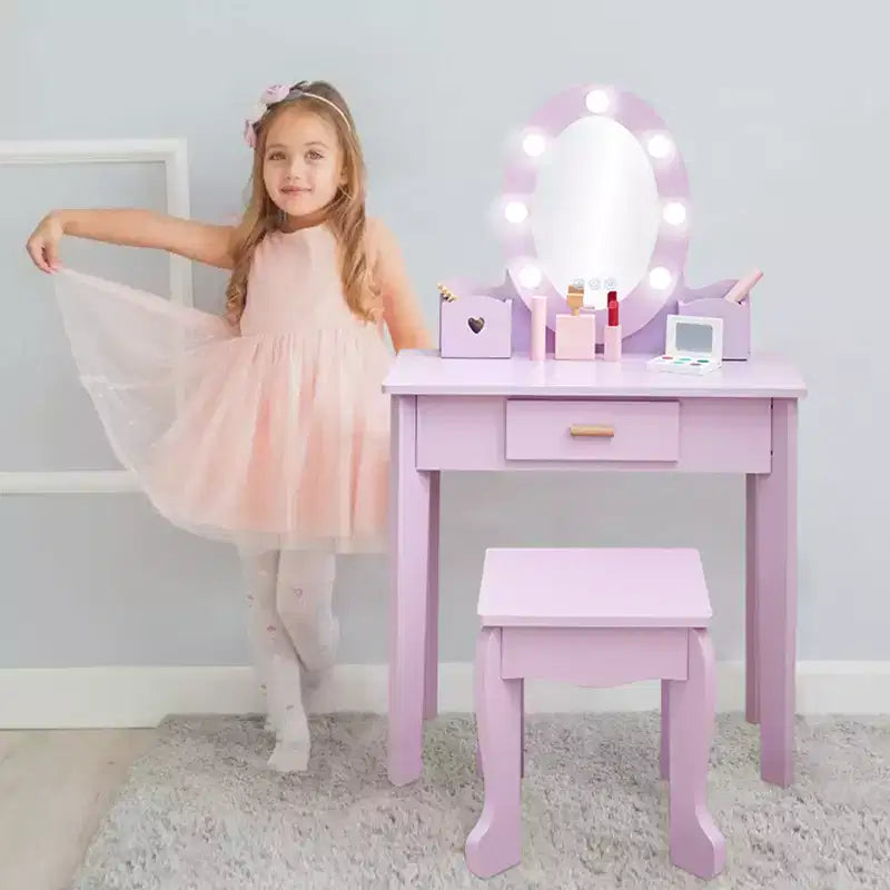 Coiffeuse de maquillage pour petites filles avec tabouret, coiffeuse à miroir éclairé pour enfant