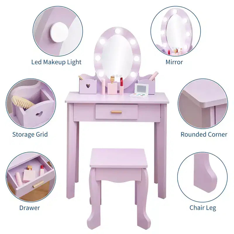 Coiffeuse de maquillage pour petites filles avec tabouret, coiffeuse à miroir éclairé pour enfant