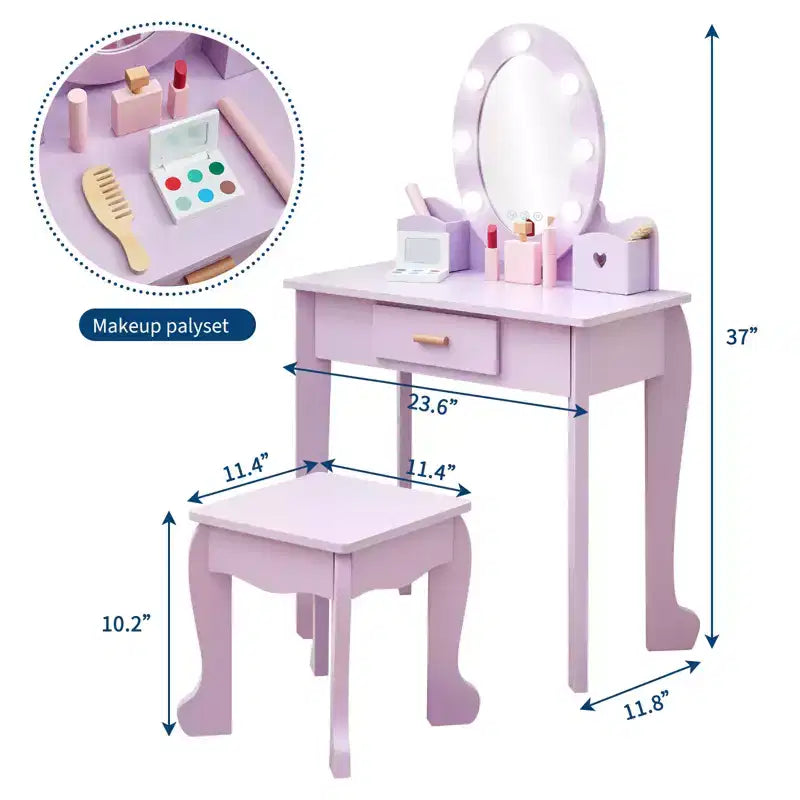 Coiffeuse de maquillage pour petites filles avec tabouret, coiffeuse à miroir éclairé pour enfant