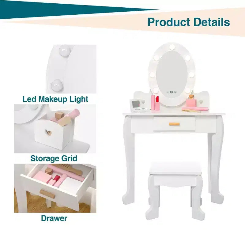 Coiffeuse de maquillage pour petites filles avec tabouret, coiffeuse à miroir éclairé pour enfant