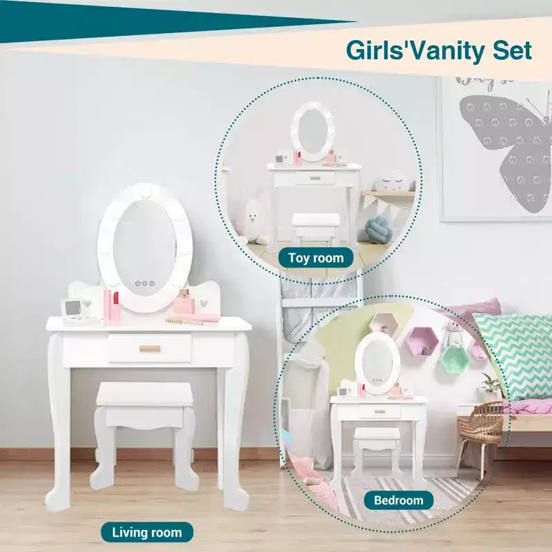 Coiffeuse de maquillage pour petites filles avec tabouret, coiffeuse à miroir éclairé pour enfant