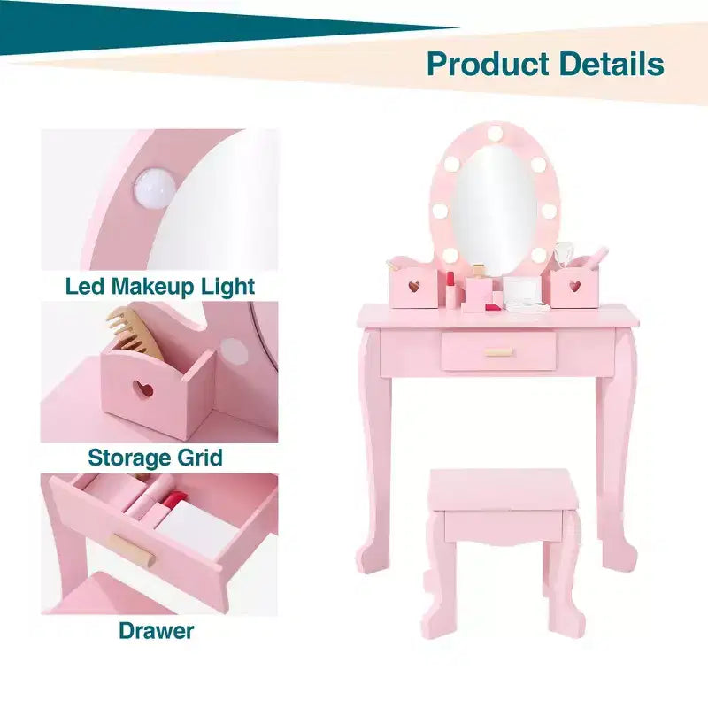 Coiffeuse de maquillage pour petites filles avec tabouret, coiffeuse à miroir éclairé pour enfant