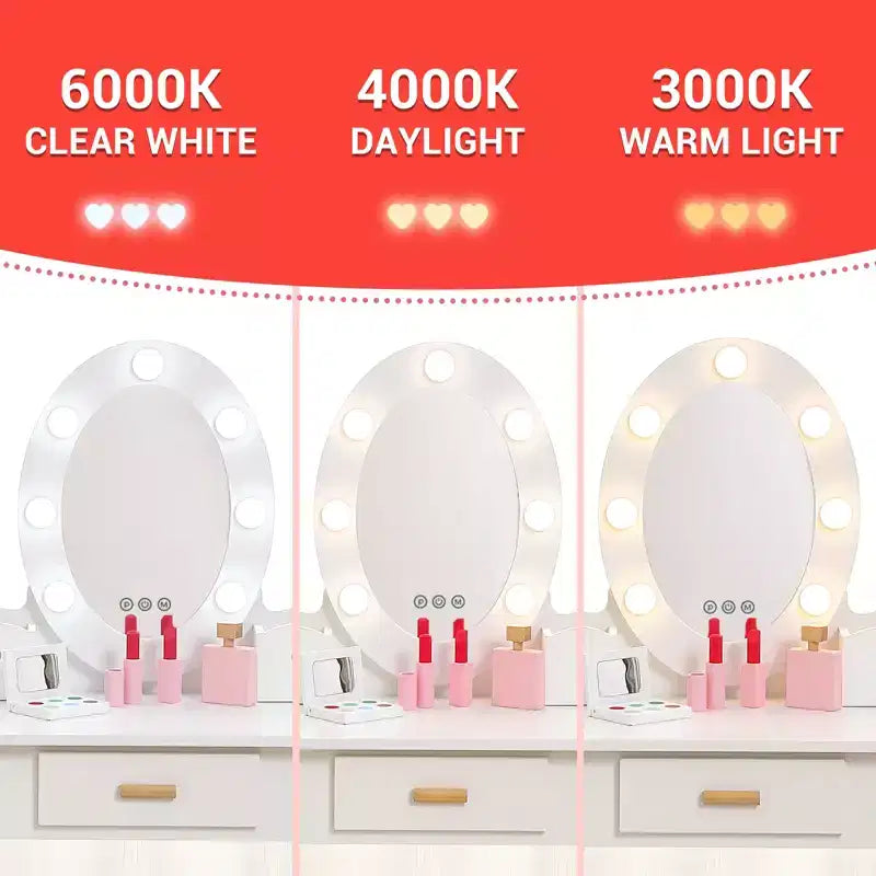 Coiffeuse de maquillage pour petites filles avec tabouret, coiffeuse à miroir éclairé pour enfant