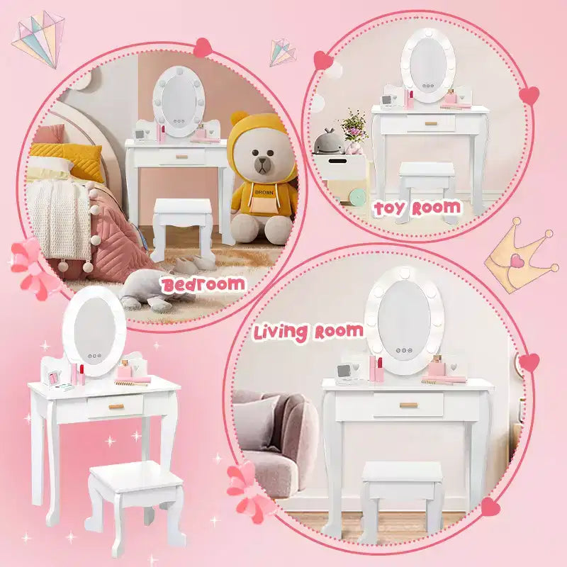 Coiffeuse de maquillage pour petites filles avec tabouret, coiffeuse à miroir éclairé pour enfant