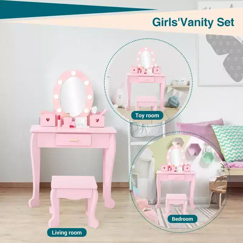 Coiffeuse de maquillage pour petites filles avec tabouret, coiffeuse à miroir éclairé pour enfant