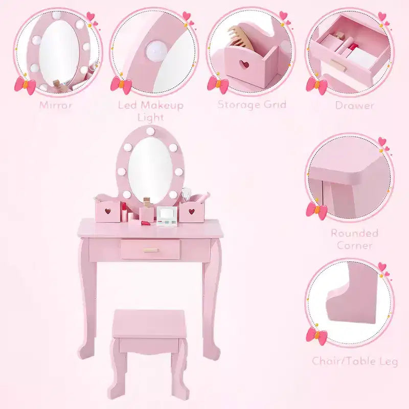 Coiffeuse de maquillage pour petites filles avec tabouret, coiffeuse à miroir éclairé pour enfant