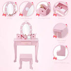 Coiffeuse de maquillage pour petites filles avec tabouret, coiffeuse à miroir éclairé pour enfant