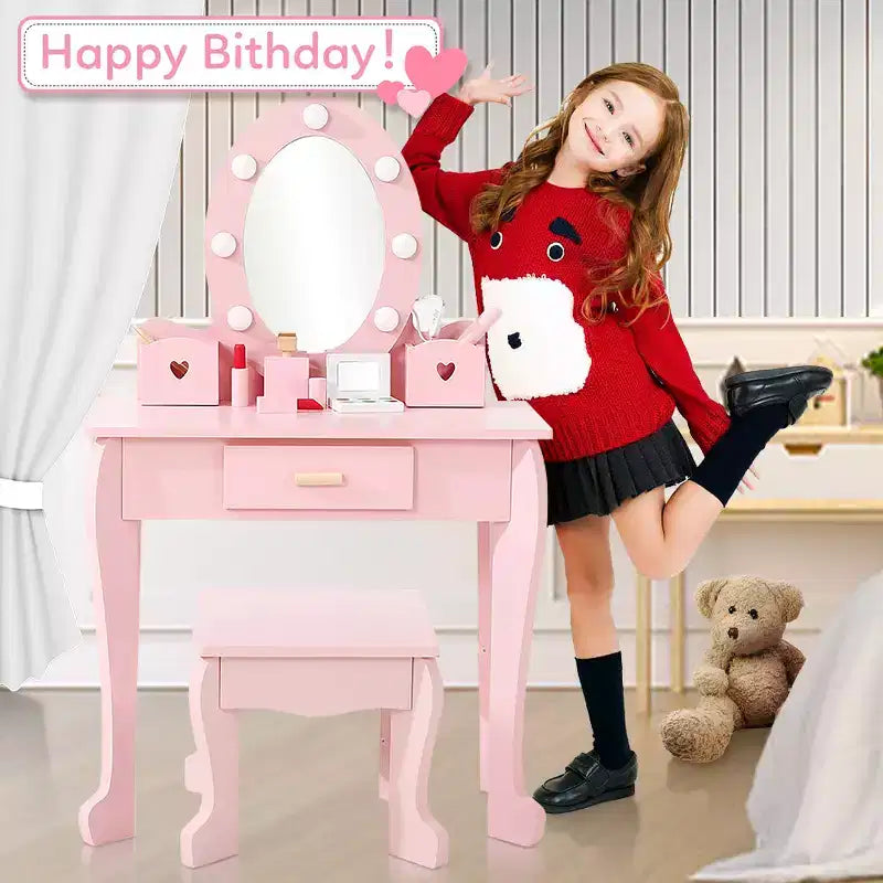 Coiffeuse de maquillage pour petites filles avec tabouret, coiffeuse à miroir éclairé pour enfant