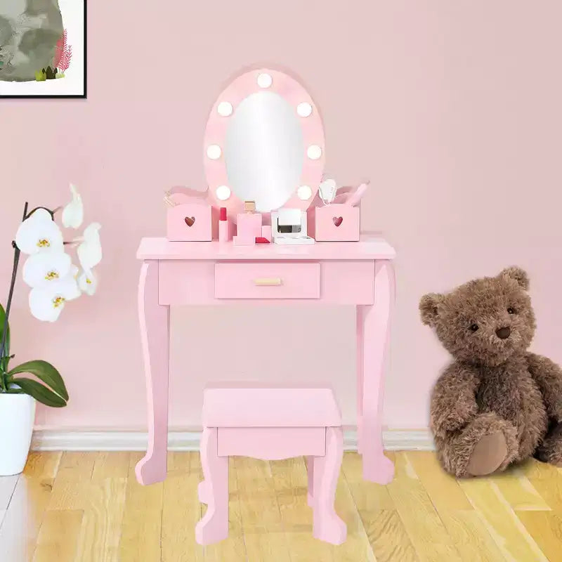 Little Girls Makeup Vanity with Stool, Lighted Mirror Vanity for Kid