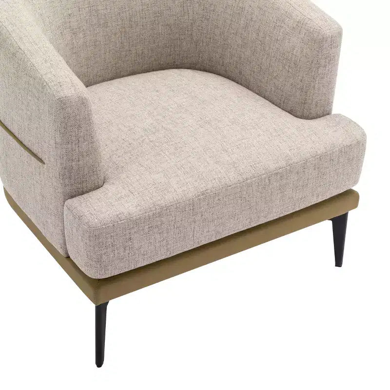 Fauteuil rond capitonné bicolore moderne avec accoudoirs cylindriques, en cuir PU et pieds en métal