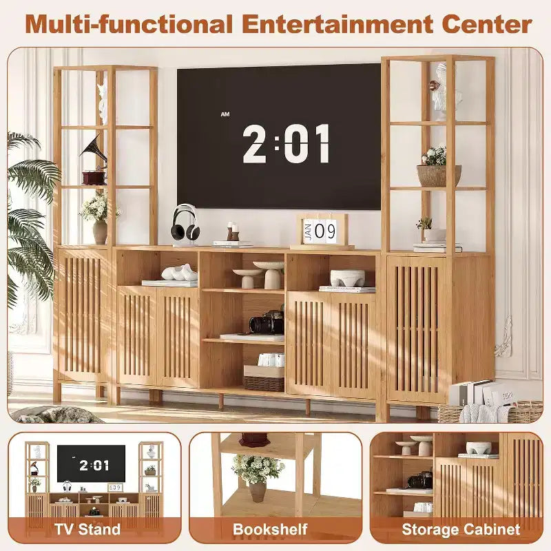 Meuble TV pour téléviseurs de 70 pouces avec étagères, rangement et tablettes réglables modernes, meuble console TV de style campagnard avec prises de courant
