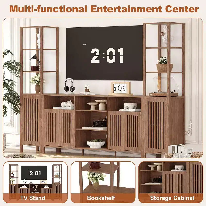 Meuble TV pour téléviseurs de 70 pouces avec étagères, rangement et tablettes réglables modernes, meuble console TV de style campagnard avec prises de courant