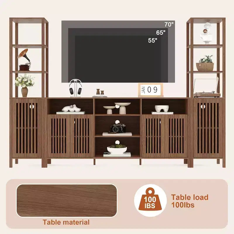 Meuble TV pour téléviseurs de 70 pouces avec étagères, rangement et tablettes réglables modernes, meuble console TV de style campagnard avec prises de courant