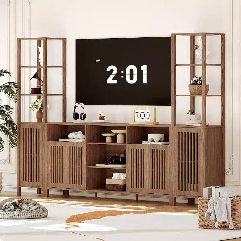 TV Stand for 70 Inch TVs with Bookshelves Modern Adjustable Shelves & Storage Cabinet, Farmhouse TV Console Cabinet with Power Outlets