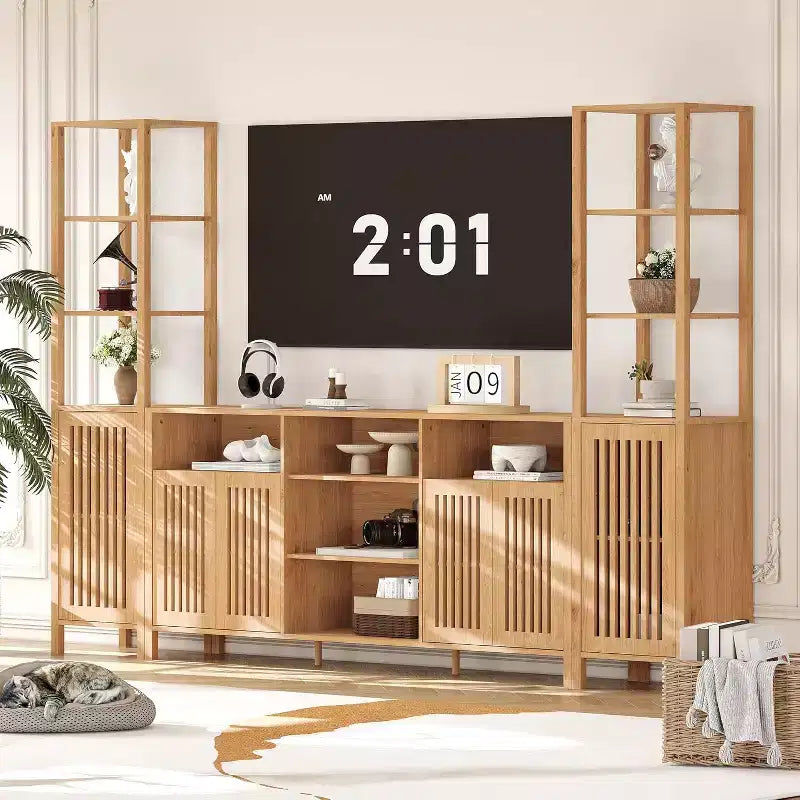 Meuble TV pour téléviseurs de 70 pouces avec étagères, rangement et tablettes réglables modernes, meuble console TV de style campagnard avec prises de courant
