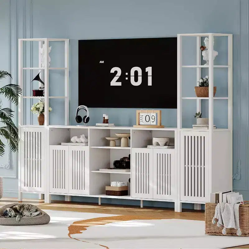 Meuble TV pour téléviseurs de 70 pouces avec étagères, rangement et tablettes réglables modernes, meuble console TV de style campagnard avec prises de courant