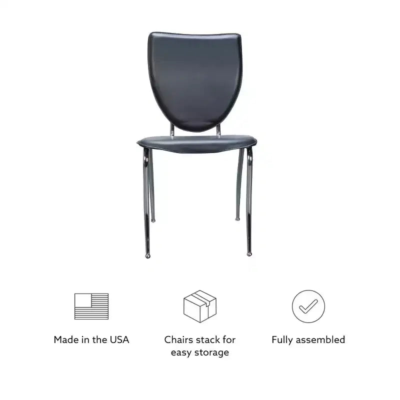 Lot de 2 chaises d'appoint profilées en métal et similicuir, noires, empilables, aucun assemblage requis