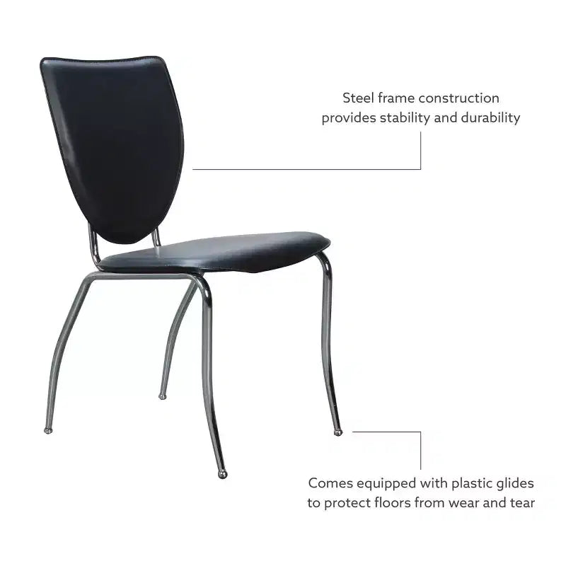 Lot de 2 chaises d'appoint profilées en métal et similicuir, noires, empilables, aucun assemblage requis