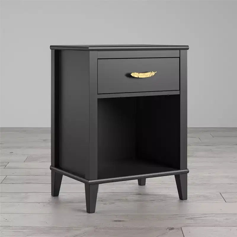Table de chevet avec poignée de tiroir en plume dorée, noire