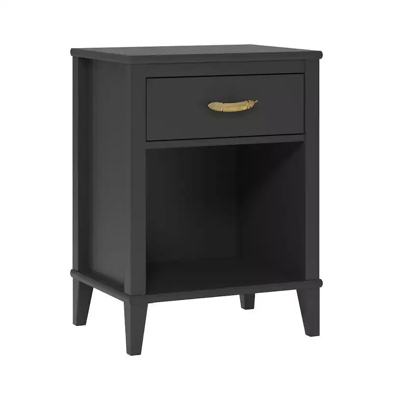 Table de chevet avec poignée de tiroir en plume dorée, noire
