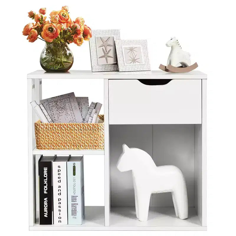 Table d'appoint à 3 niveaux avec étagère de rangement et tiroir, table de chevet peu encombrante, blanc