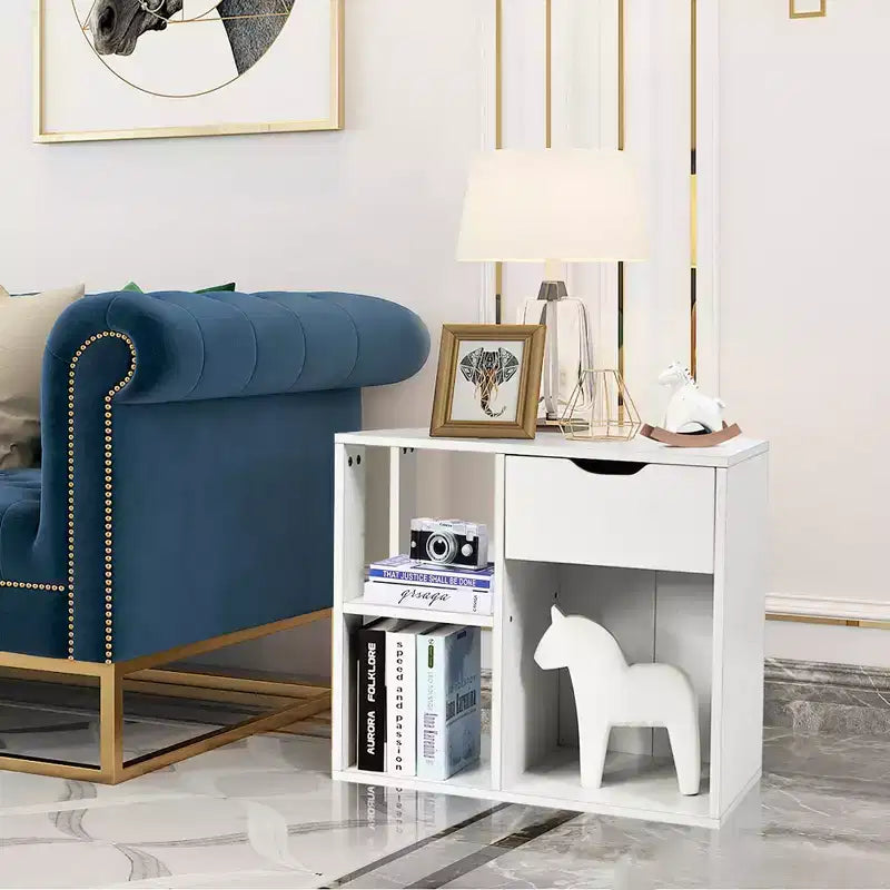 Table d'appoint à 3 niveaux avec étagère de rangement et tiroir, table de chevet peu encombrante, blanc