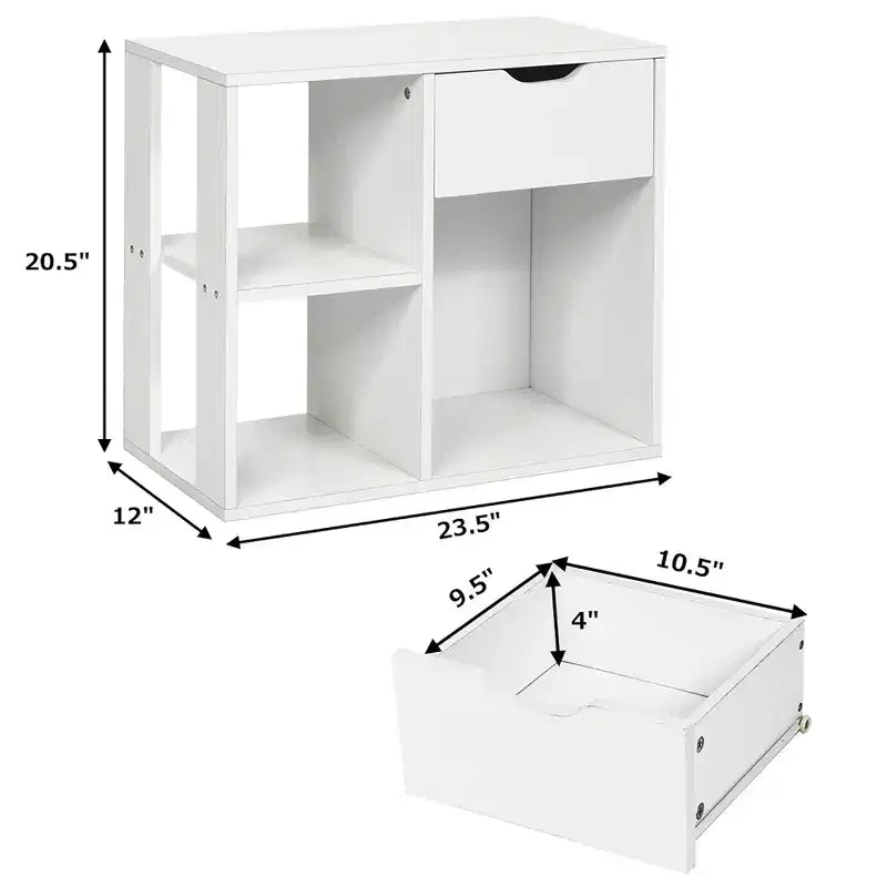 Table d'appoint à 3 niveaux avec étagère de rangement et tiroir, table de chevet peu encombrante, blanc