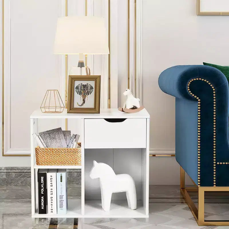 Table d'appoint à 3 niveaux avec étagère de rangement et tiroir, table de chevet peu encombrante, blanc