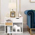 Table d'appoint à 3 niveaux avec étagère de rangement et tiroir, table de chevet peu encombrante, blanc