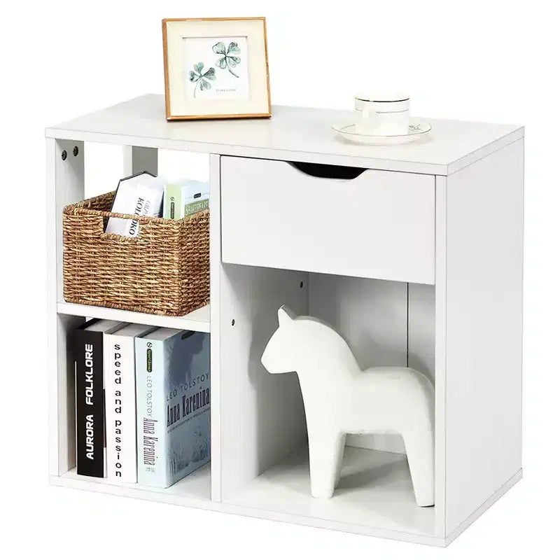 Table d'appoint à 3 niveaux avec étagère de rangement et tiroir, table de chevet peu encombrante, blanc