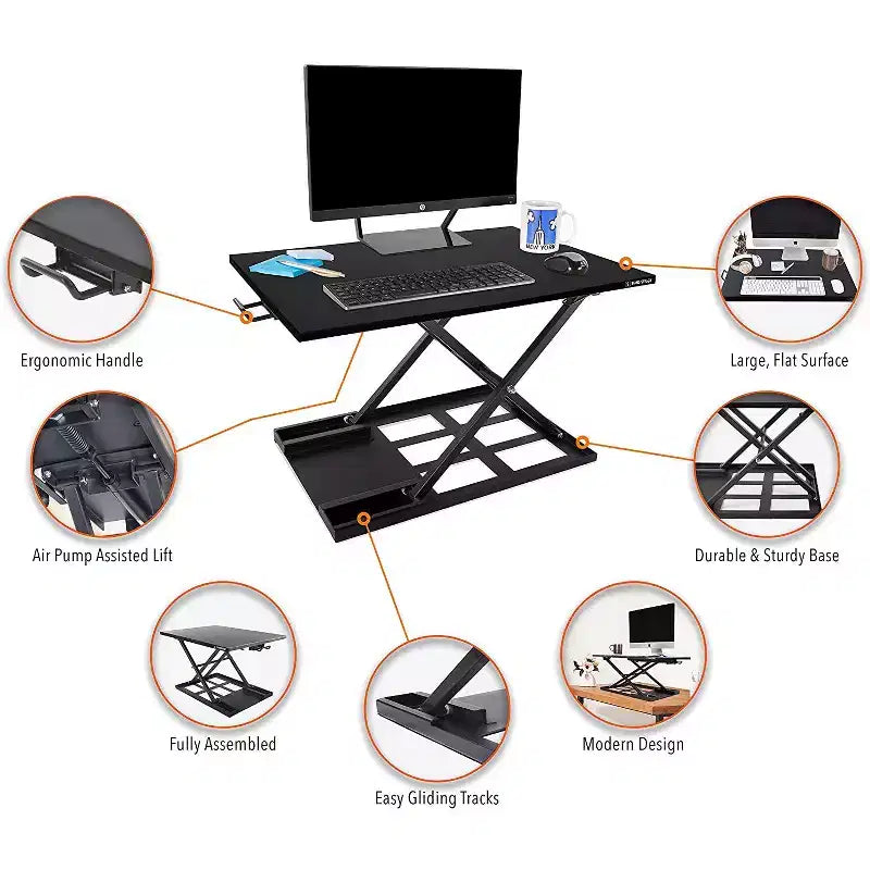 Convertisseur de bureau debout pneumatique réglable en hauteur de 28", noir