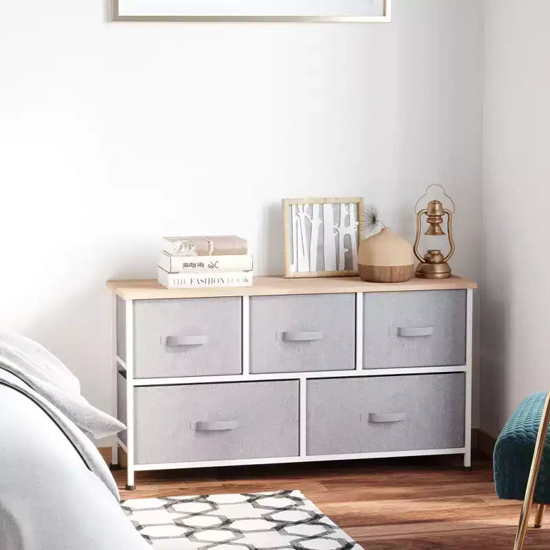 Commode de rangement horizontale 5 tiroirs 40L avec bacs en tissu, organisateur de chambre