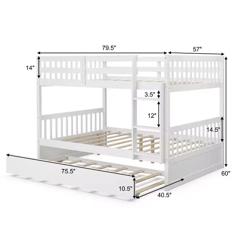 Lit superposé double sur double avec plateforme en bois, lit gigogne et échelle, marron/blanc