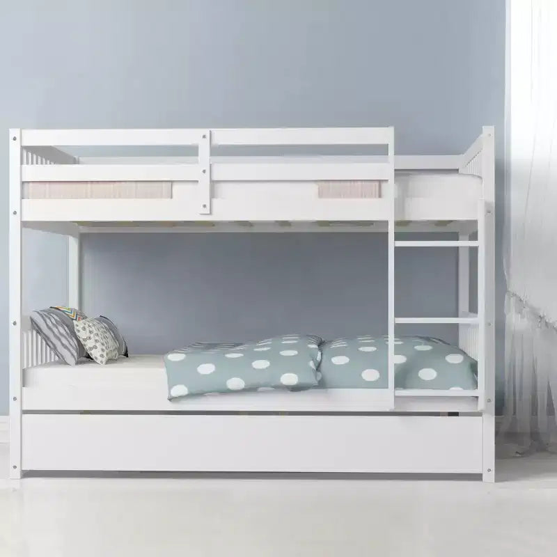 Lit superposé double sur double avec plateforme en bois, lit gigogne et échelle, marron/blanc