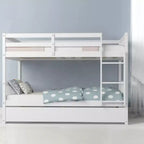 Lit superposé double sur double avec plateforme en bois, lit gigogne et échelle, marron/blanc