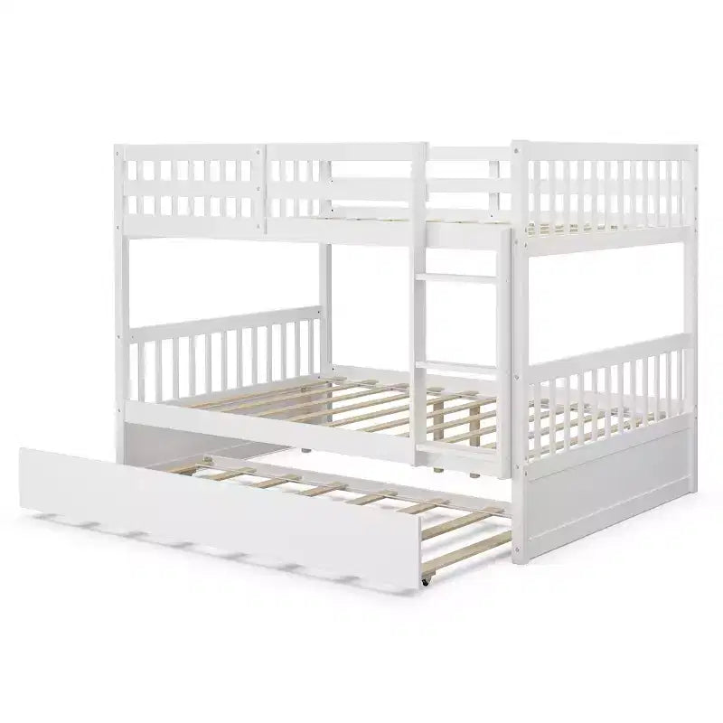 Lit superposé double sur double avec plateforme en bois, lit gigogne et échelle, marron/blanc