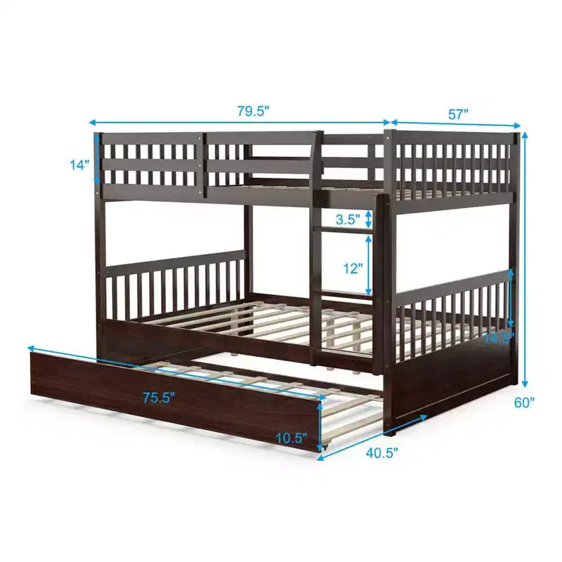 Lit superposé double sur double avec plateforme en bois, lit gigogne et échelle, marron/blanc