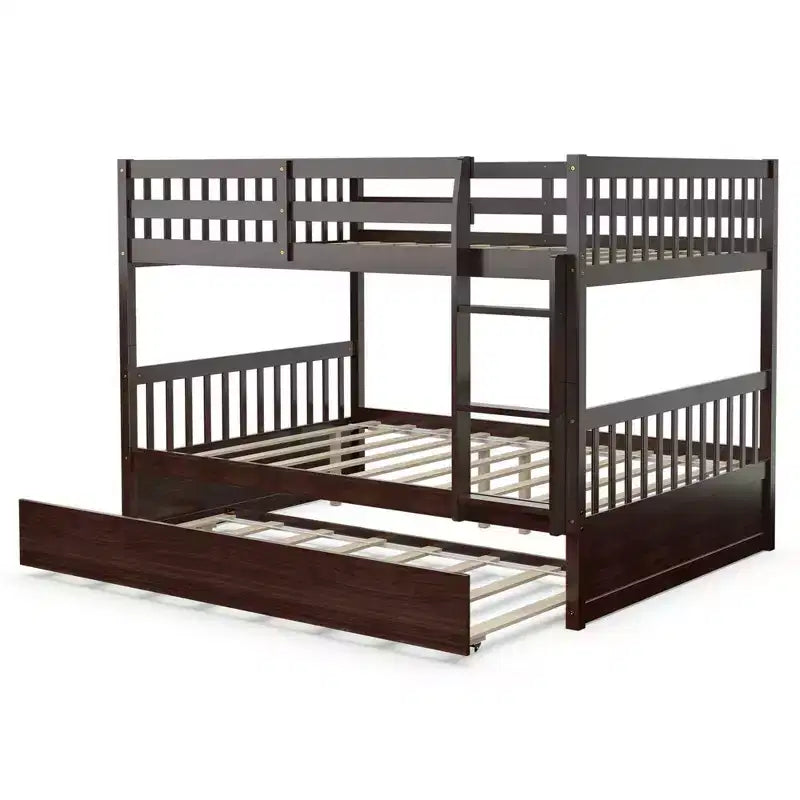 Lit superposé double sur double avec plateforme en bois, lit gigogne et échelle, marron/blanc