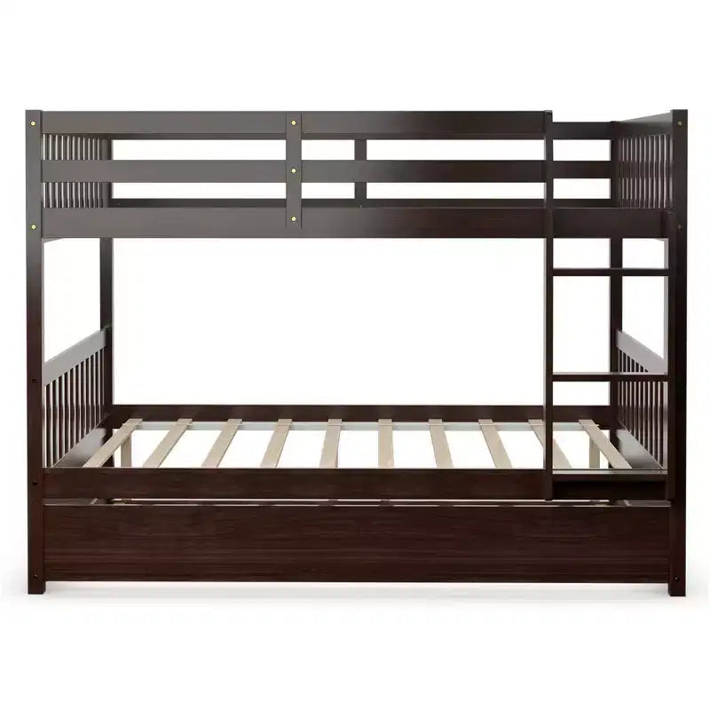 Lit superposé double sur double avec plateforme en bois, lit gigogne et échelle, marron/blanc