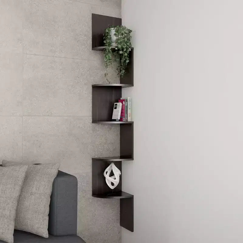 Hastings Home 5-Tier Floating Corner Shelf, Wall Shelves with Hidden Brackets to Display Dcor, Books, Photos, More, Matte Espresso Brown