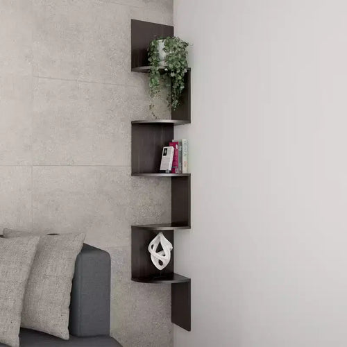 Hastings Home 5-Tier Floating Corner Shelf, Wall Shelves with Hidden Brackets to Display Dcor, Books, Photos, More, Matte Espresso Brown