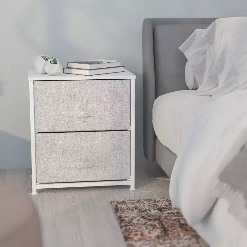 Table de chevet à 2 tiroirs avec plateau en bois, cadre en fonte et tiroirs en tissu faciles à tirer
