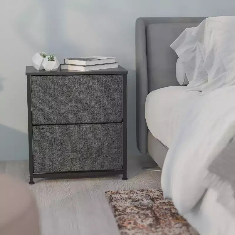 Table de chevet à 2 tiroirs avec plateau en bois, cadre en fonte et tiroirs en tissu faciles à tirer